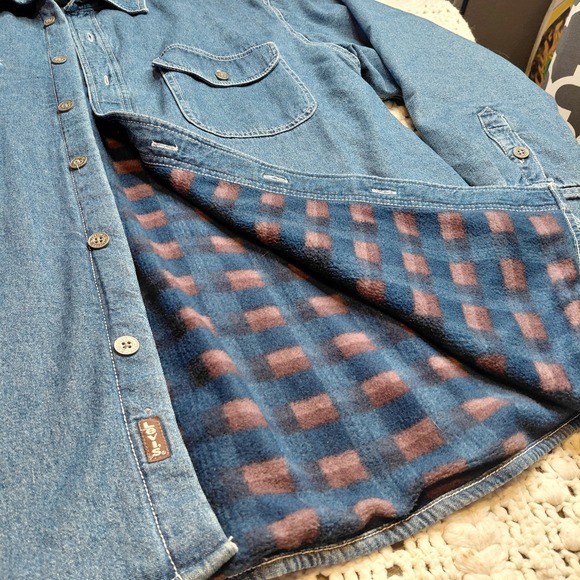 Levi Strauss Shirt Jacket Mens L Blue Denim Flannel Plaid Lined Shacket Quilted - Picture 3 of 14